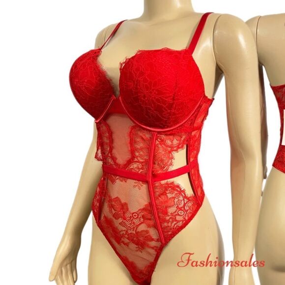 Victoria’s Secret Sexy Bombshell Push Up Adds 2 Cups Lace Teddy Bodysuit Red M - Picture 3 of 10